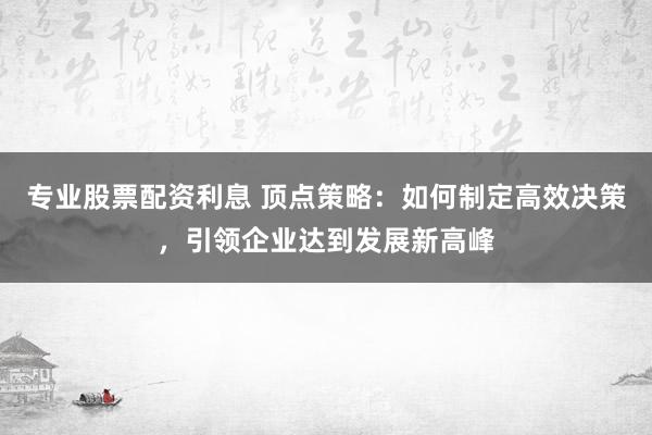 专业股票配资利息 顶点策略：如何制定高效决策，引领企业达到发展新高峰
